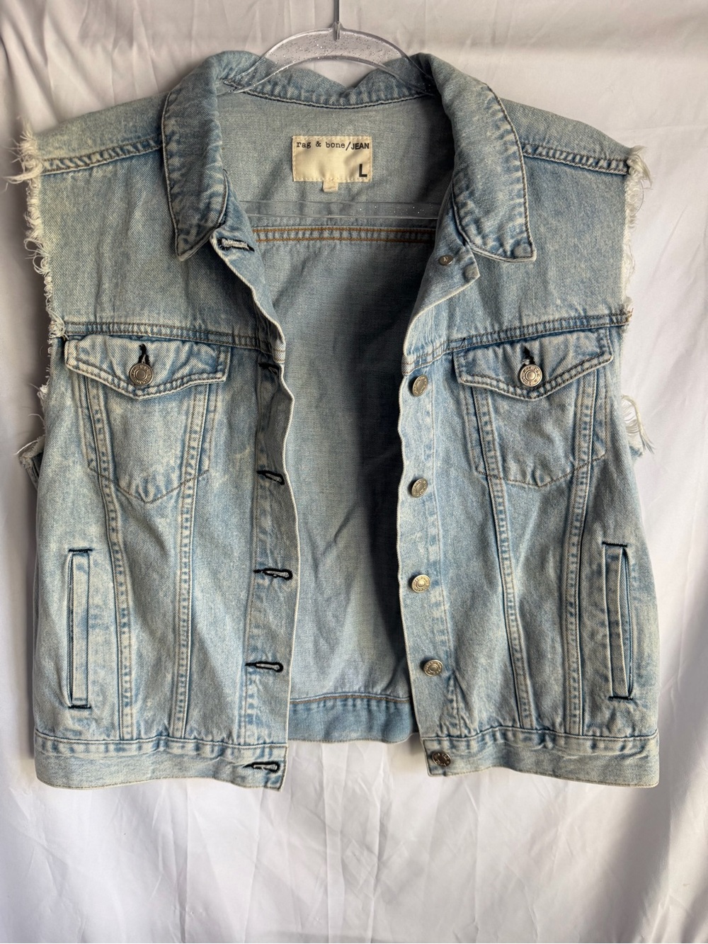 Rag & Bone JEAN Distressed Denim Vest Women’s Size Large Light Blue Frayed EUC